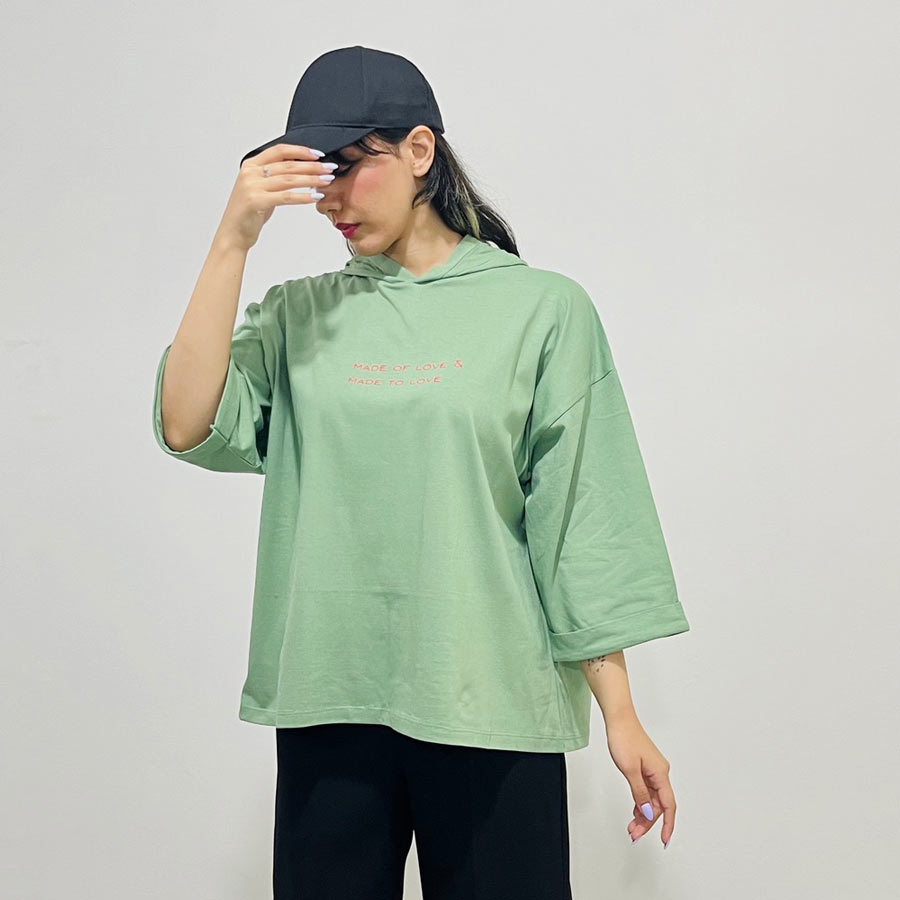 تیشرت باکسی کلاهدار چاپی نخ پنبه کد 1371
